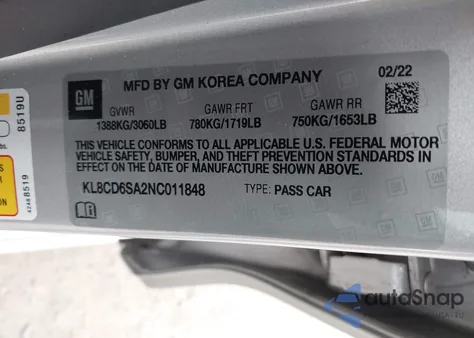 2022 Chevrolet Spark Fwd 1Lt Automatic из США, поврежденный, VIN KL8CD6SA2NC011848